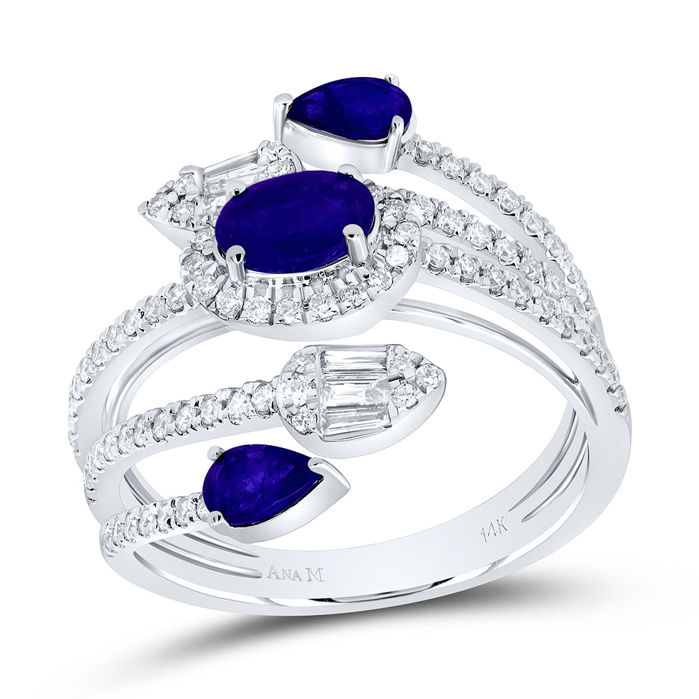 14kt White Gold 5/8 Cttw Diamond Ana M 6x4mm Oval Blue Sapphire,1/2 Cttw-ps Blue Sapphire Natural Wedding Engagement Anniversary Gem Ring, Women Size: 5-9