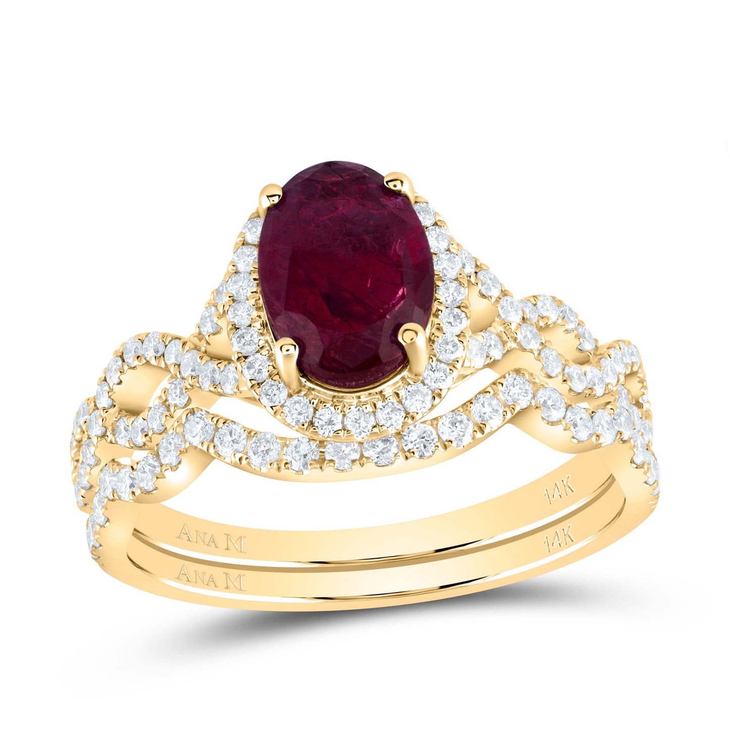 14kt Yellow Gold 5/8 Cttw Diamond Ana M 8x6mm Oval Ruby Natural Gem Single Halo Wedding Engagement Anniversary Bridal Set, Women Size: 5-9