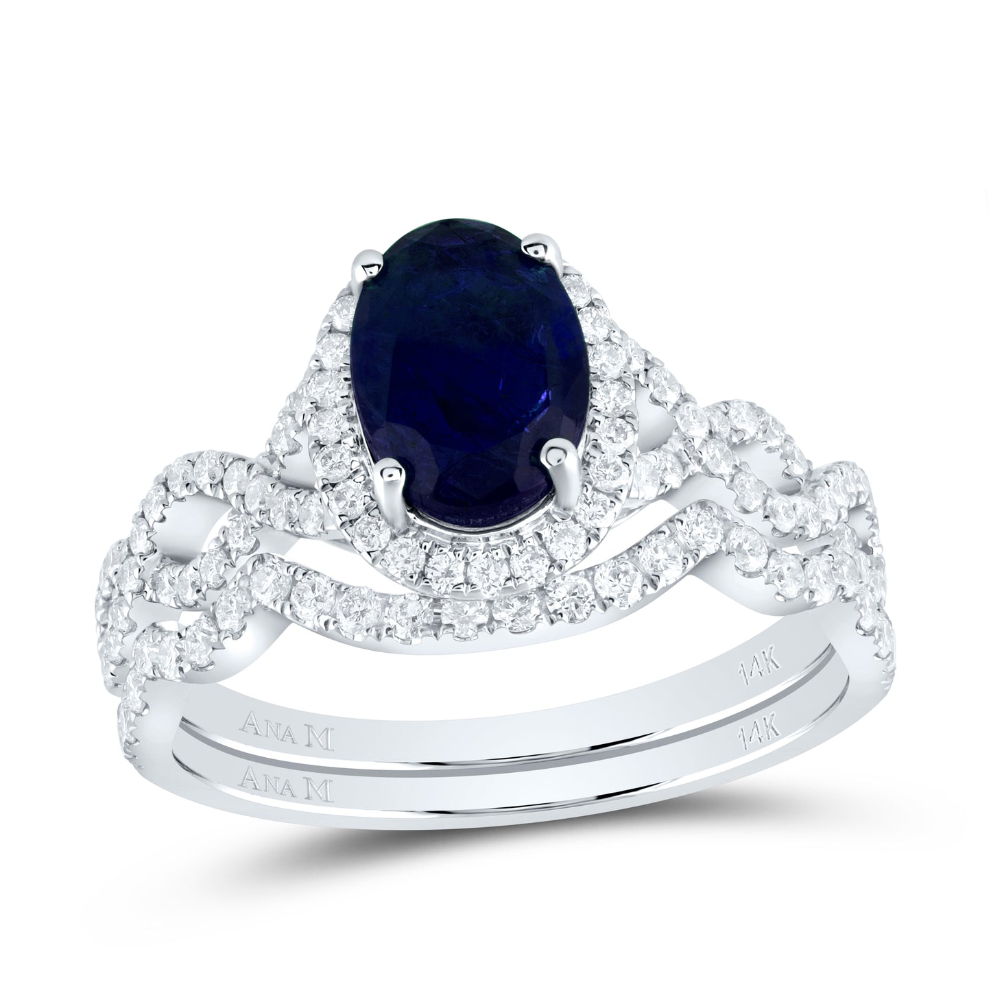 14kt White Gold 5/8 Cttw Diamond Ana M 8x6mm Oval Blue Sapphire Natural Gem Single Halo Wedding Engagement Anniversary Bridal Set, Women Size: 5-9