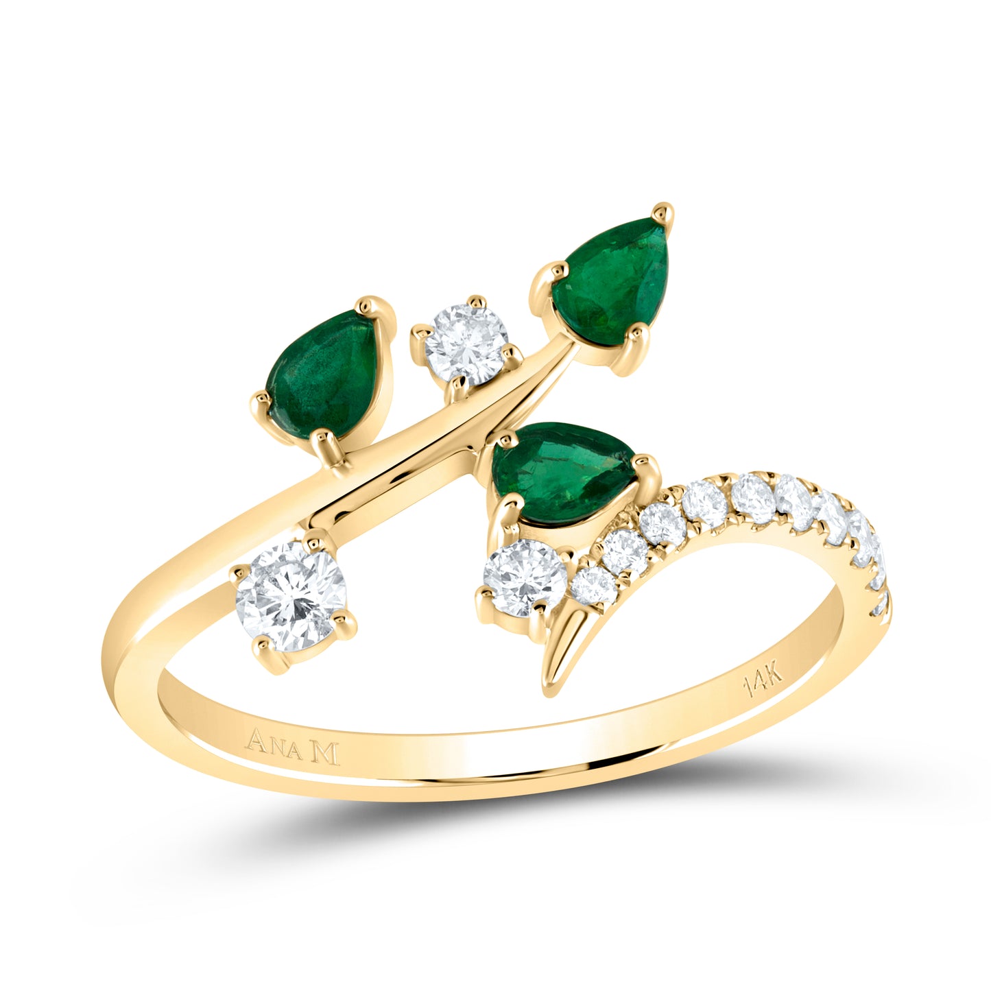 14kt Yellow Gold 1/4 Cttw Diamond Ana M and 1/3 Cttw Pear Emerald Natural Gem Bridal Wedding Engagement Anniversary Ring, Women Size: 5-9