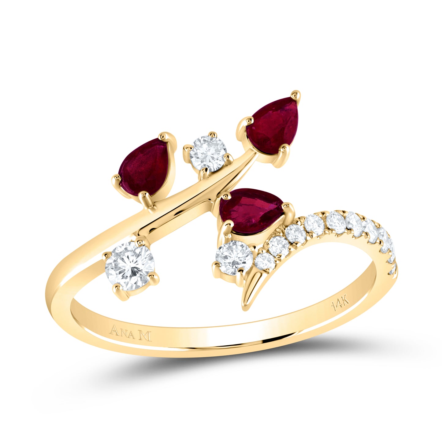 14kt Yellow Gold 1/4 Cttw Diamond Ana M and 1/2 Cttw-ps Ruby Natural Gem Bridal Wedding Engagement Anniversary Ring, Women Size: 5-9