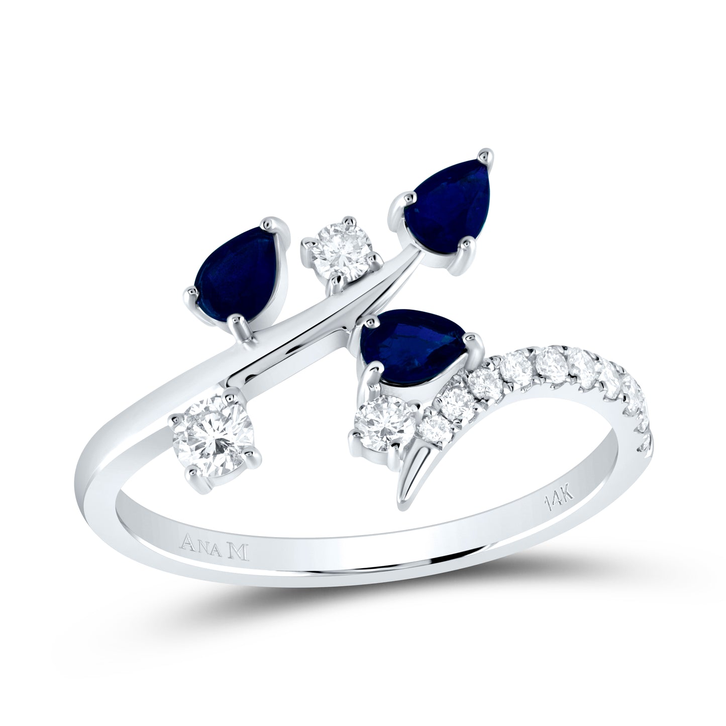 14kt White Gold 1/4 Cttw Diamond Ana M and 5/8 Cttw Pear Blue Sapphire Natural Gem Bridal Wedding Engagement Anniversary Ring, Women Size: 5-9