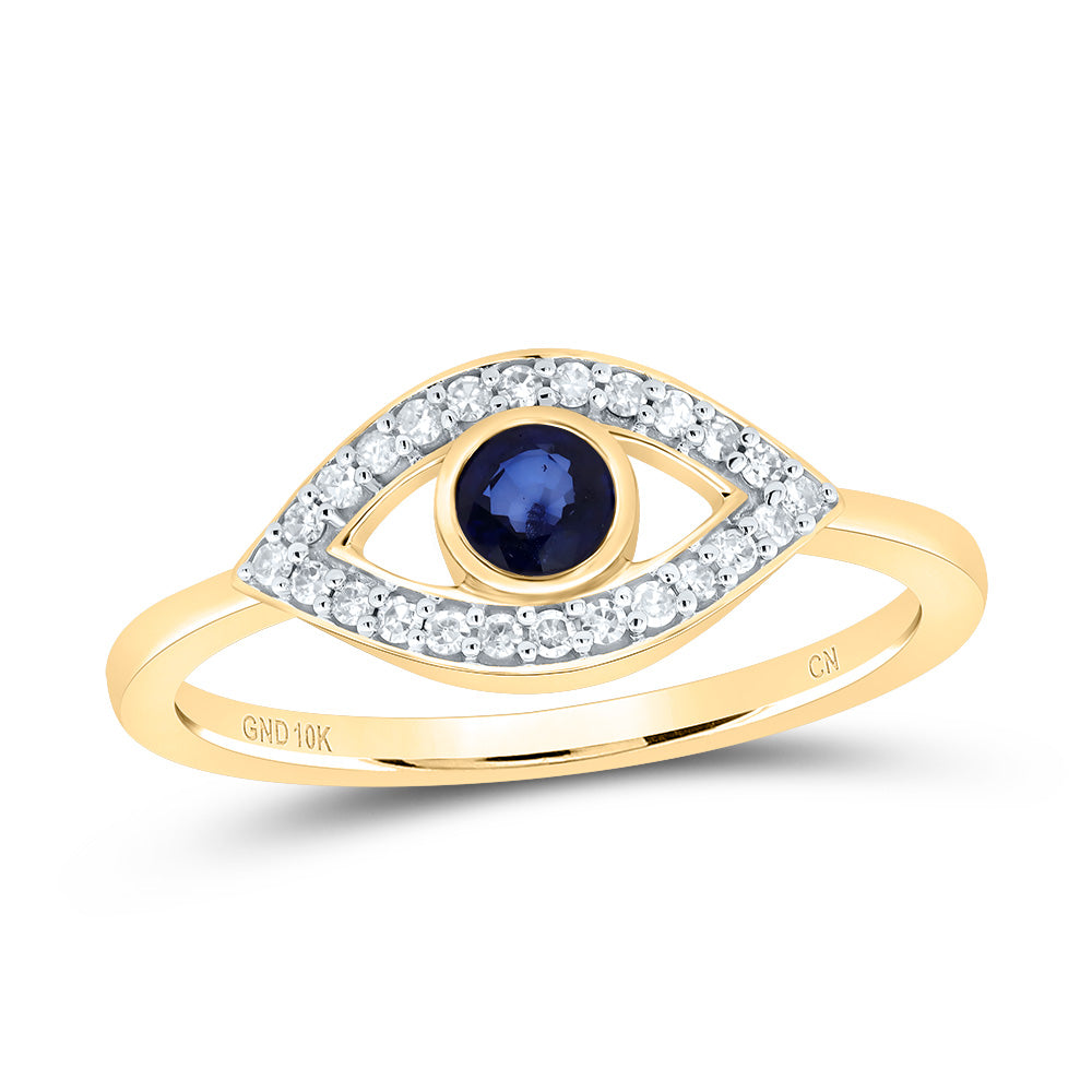 10kt Yellow Gold 1/8 Cttw Diamond 3.8mm Round Blue Sapphire, Natural Gem Eye Wedding Engagement Anniversary Ring, Women Size: 5-9