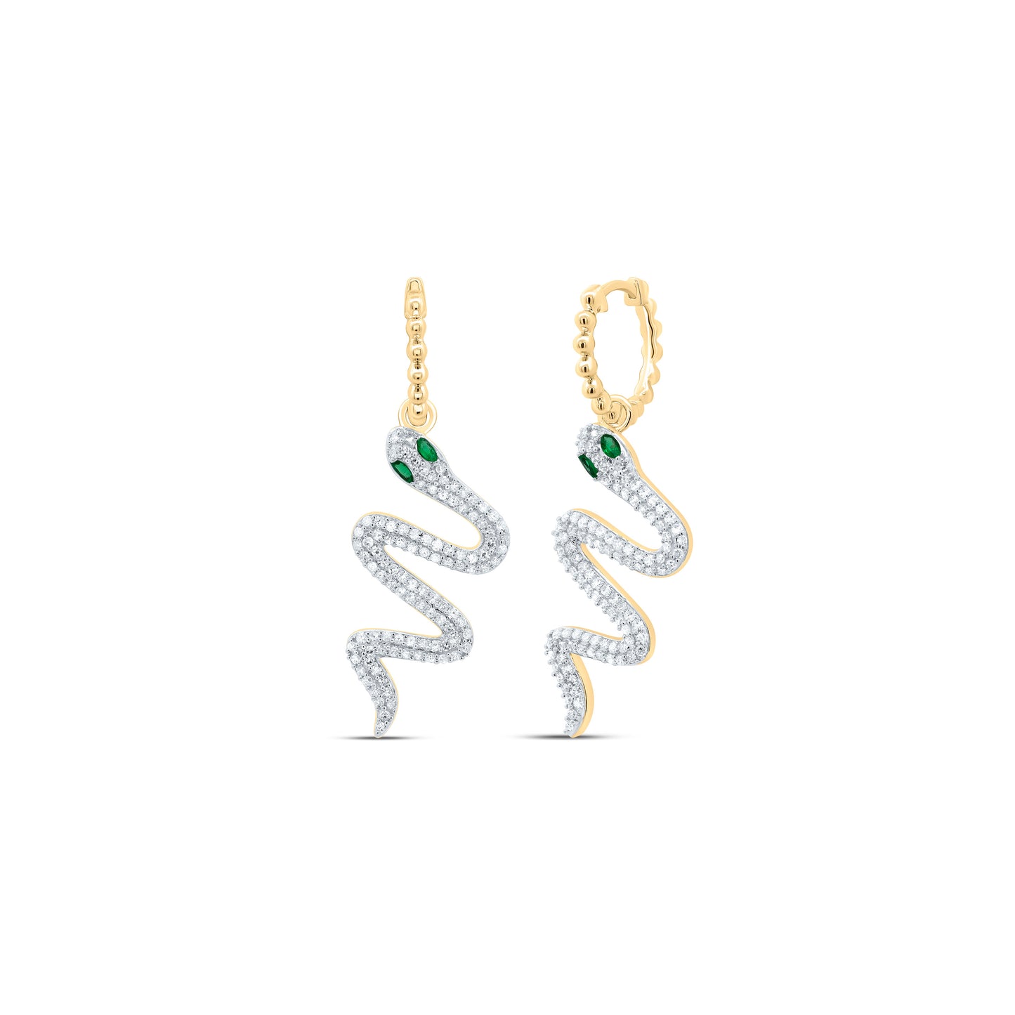 14kt Yellow Gold 1 Cttw Diamond and 1/6 Cttw Marquise Emerald Natural Gem Snake Hoop Earring