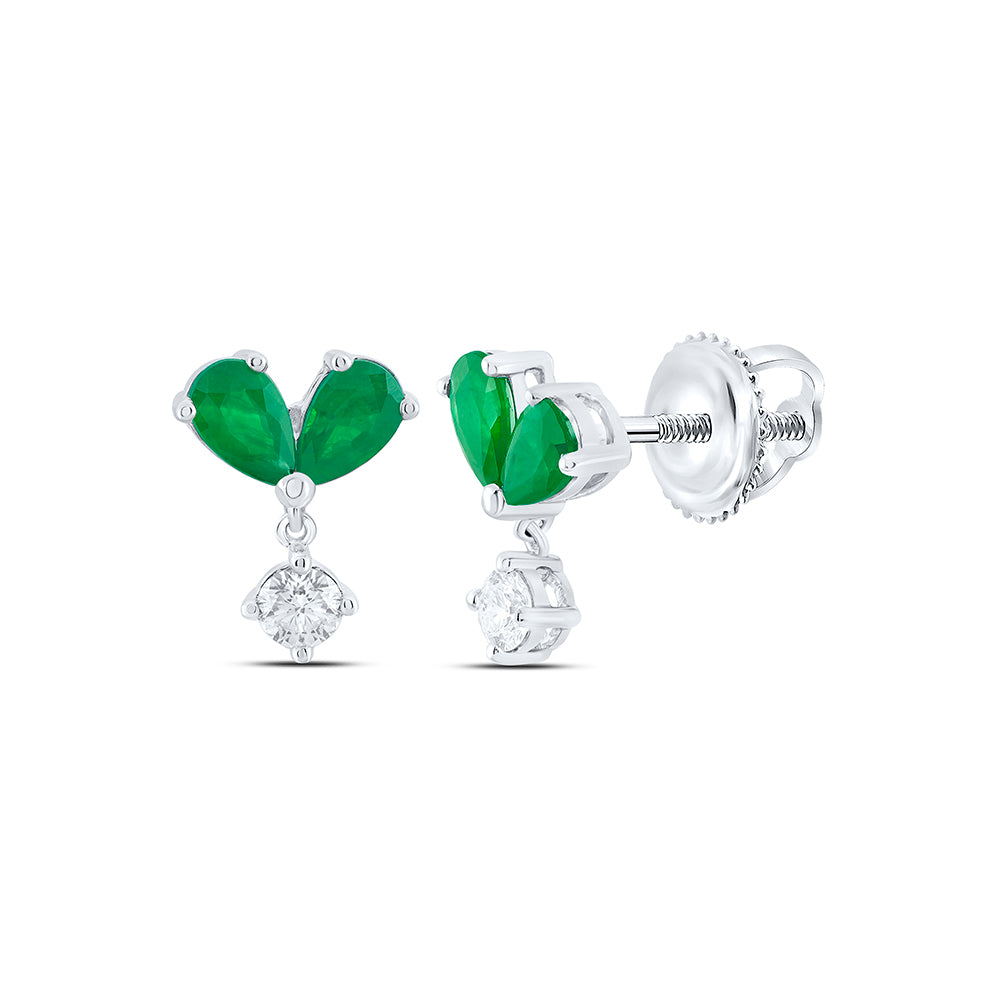 14kt White Gold 1/6 Cttw Diamond Ana M 5x3mm Pear Emerald Natural Gem Dangling Earring
