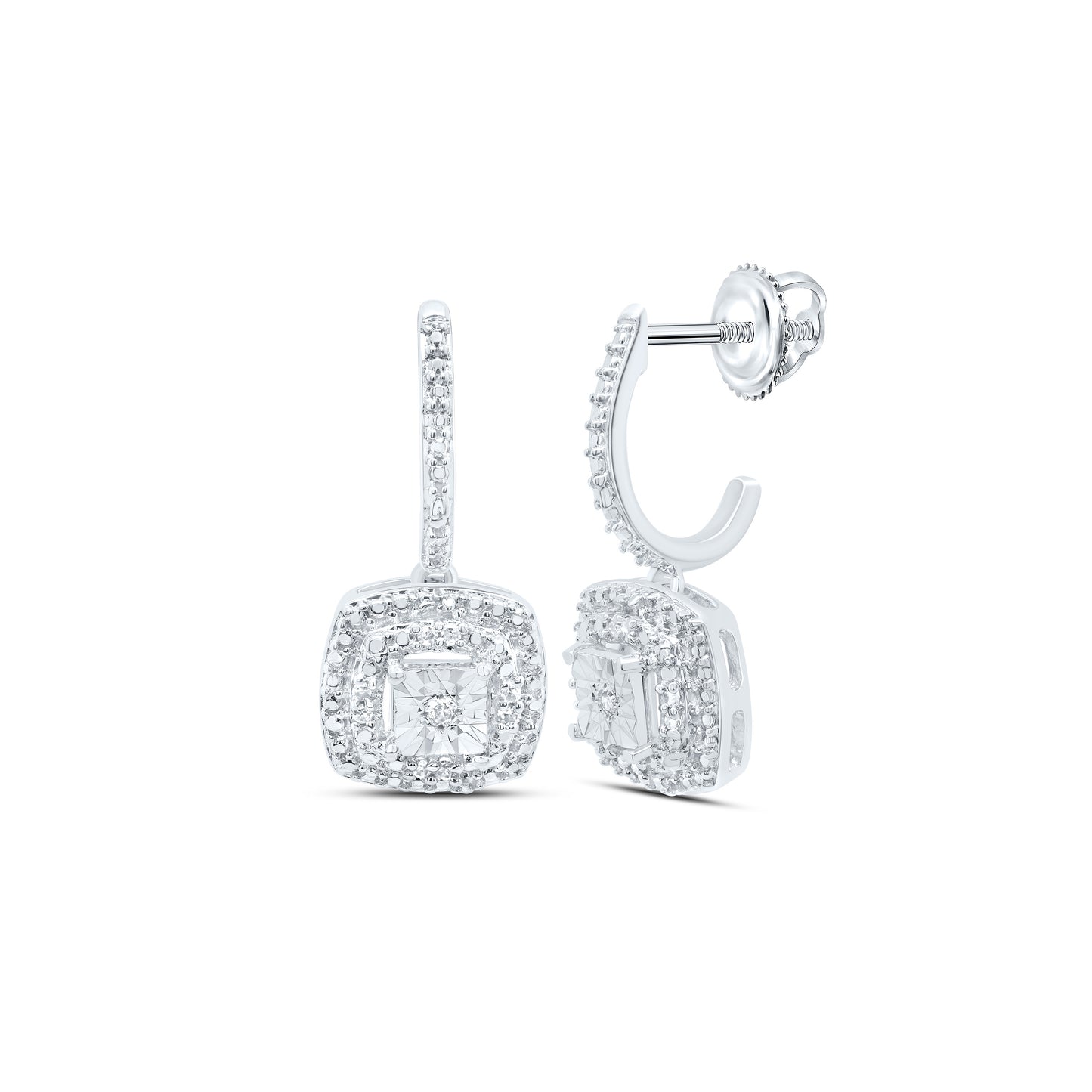 Sterling Silver 1/20 Cttw Natural Diamond Cushion Dangling Earring