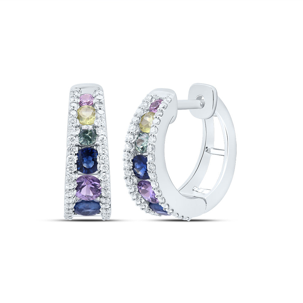 14kt White Gold 1/3 Cttw Diamond and 1 1/2ct- Round Natural Gem Multicolor Sapphire Hoop Earring