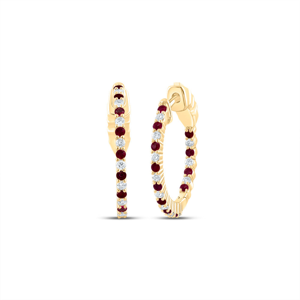 14kt Yellow Gold 1/4 Cttw Natural Diamond and 1/3 Cttw Round Ruby Natural Gem Hoop Earring