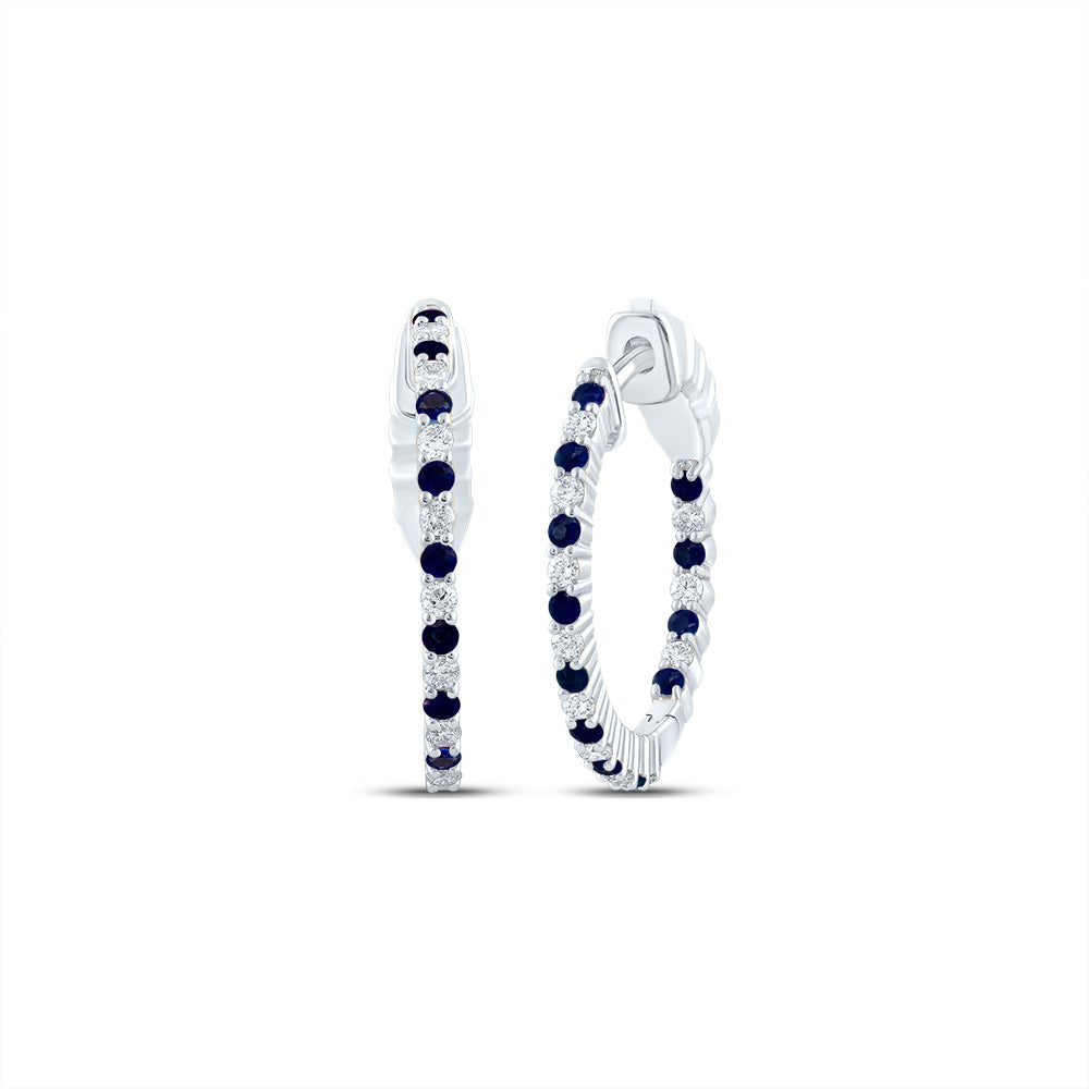 14K White Gold 1/4Cttw Natural Diamond 1/3Cttw Round Blue Sapphire Hoop Earring