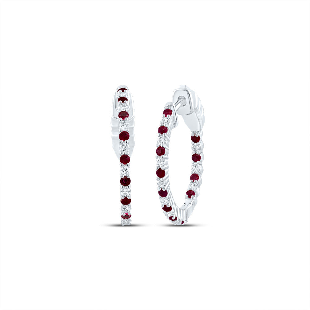 14K White Gold 1/4 Ctw Diamond 1/3 Ctw Round Ruby Natural Gem Hoop Earring