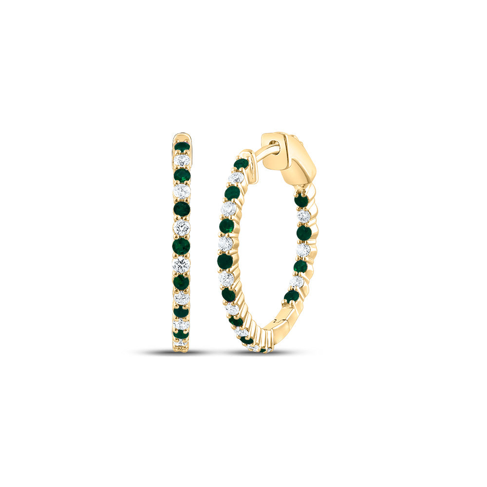 14kt Yellow Gold 1/2 Cttw Natural Diamond and 1/2 Cttw Round Emerald Natural Gem Hoop Earring