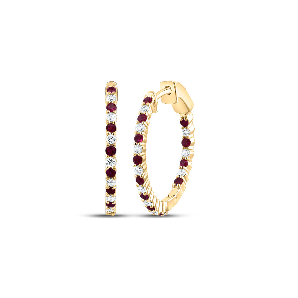 14kt Yellow Gold 1/2 Cttw Natural Diamond and 1/2 Cttw Round Ruby Natural Gem Hoop Earring