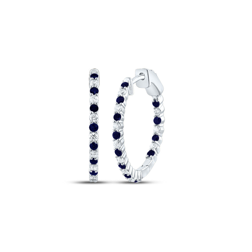 14kt White Gold 1/2 Cttw Natural Diamond and 1/2 Cttw Round Blue Sapphire Natural Gem Hoop Earring