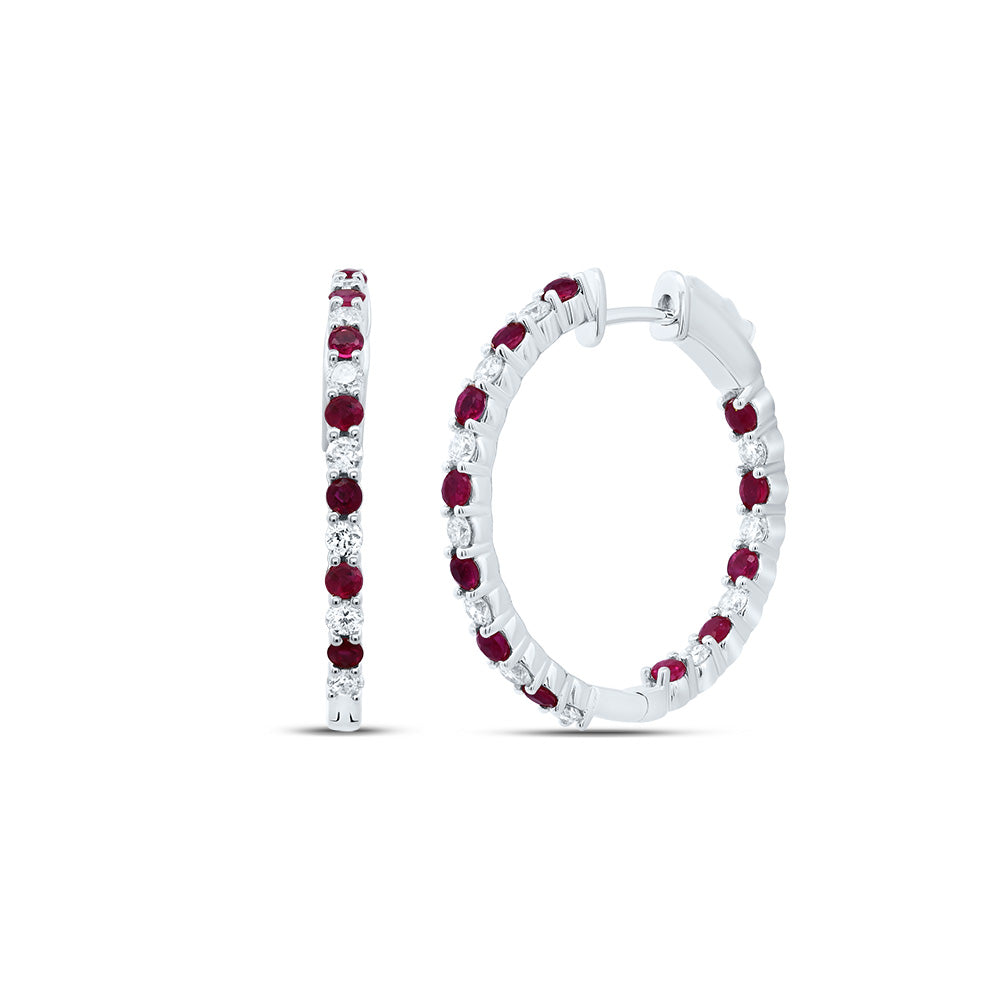 14kt White Gold 5/8 Cttw Natural Diamond and 1 Cttw Round Ruby Natural Gem Hoop Earring