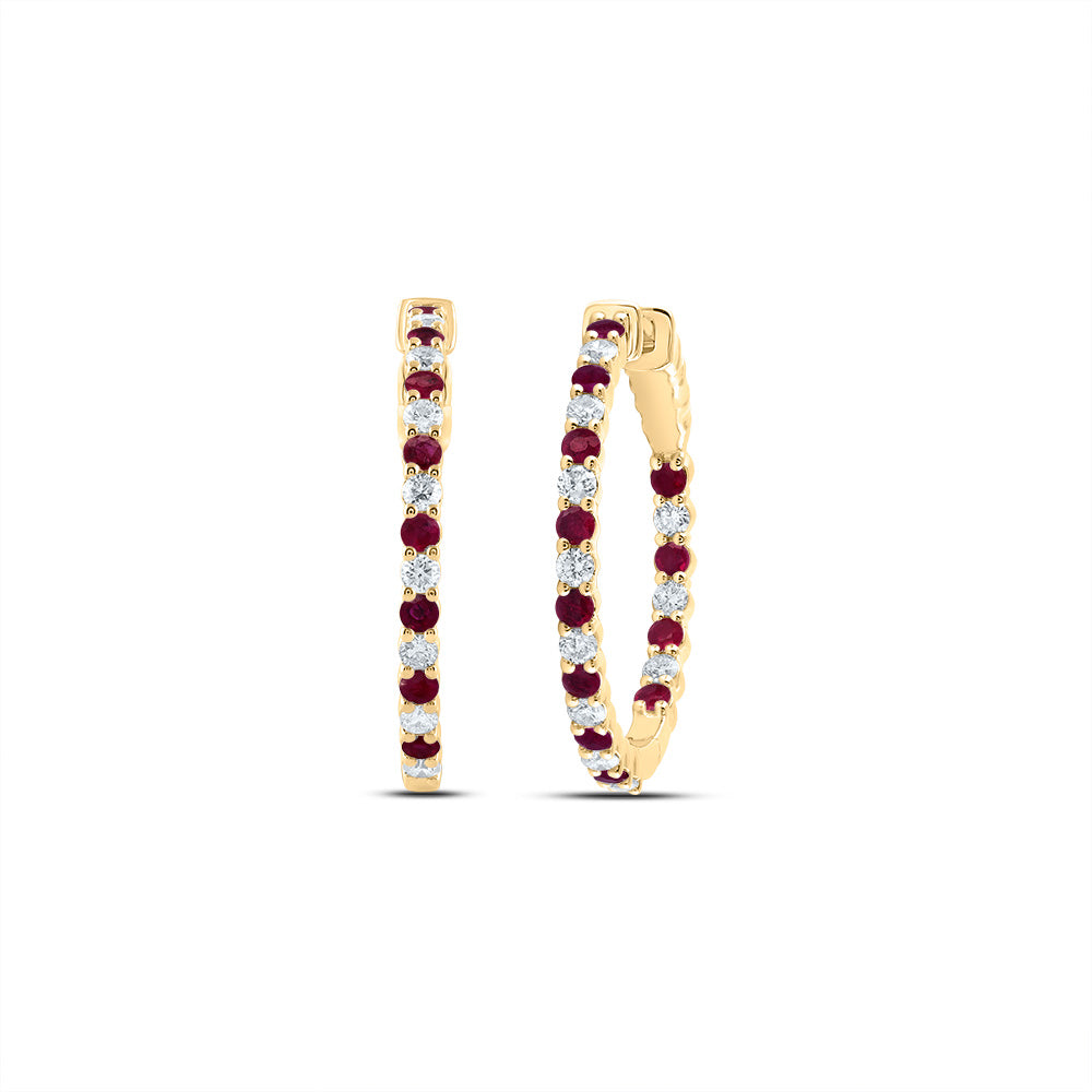 14kt Yellow Gold 7/8 Cttw Natural Diamond and 1 1/3 Cttw Round Ruby Natural Gem Hoop Earring