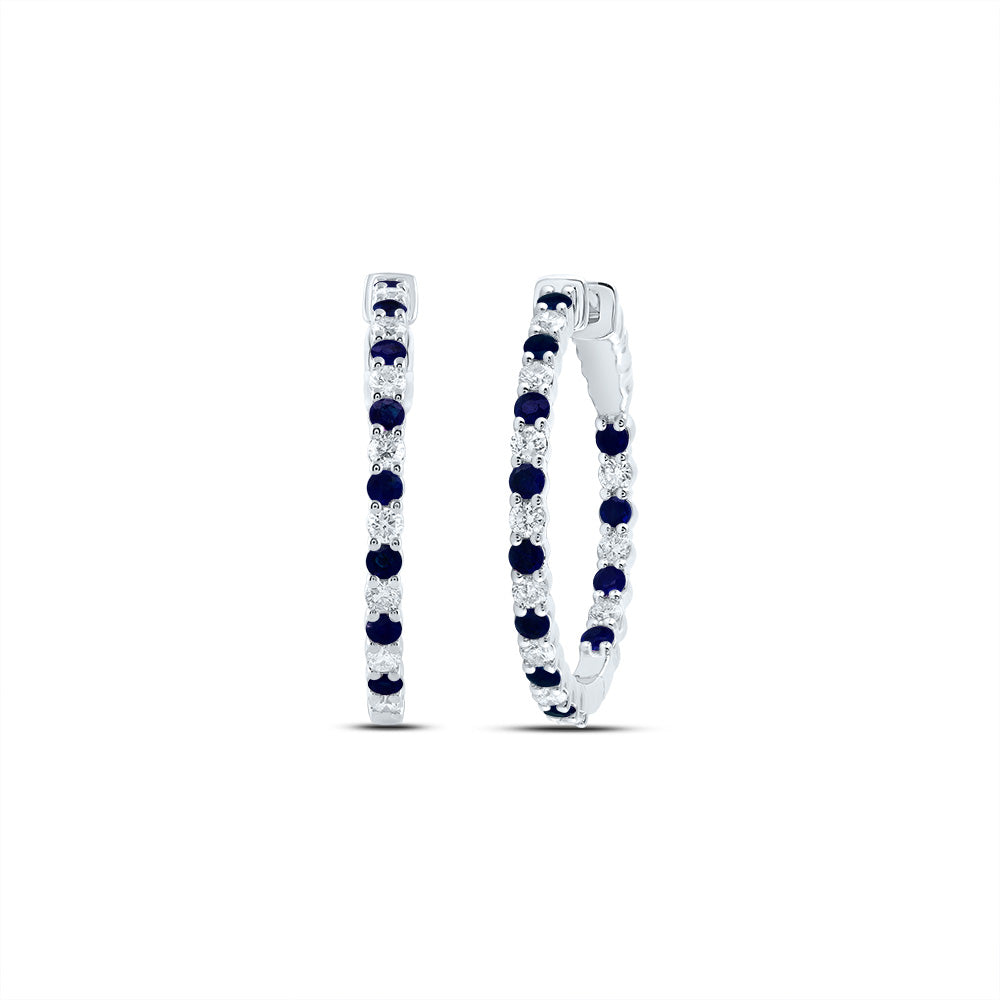 14kt White Gold 7/8 Cttw Natural Diamond and 1 3/8 Cttw Round Blue Sapphire Natural Gem Hoop Earring