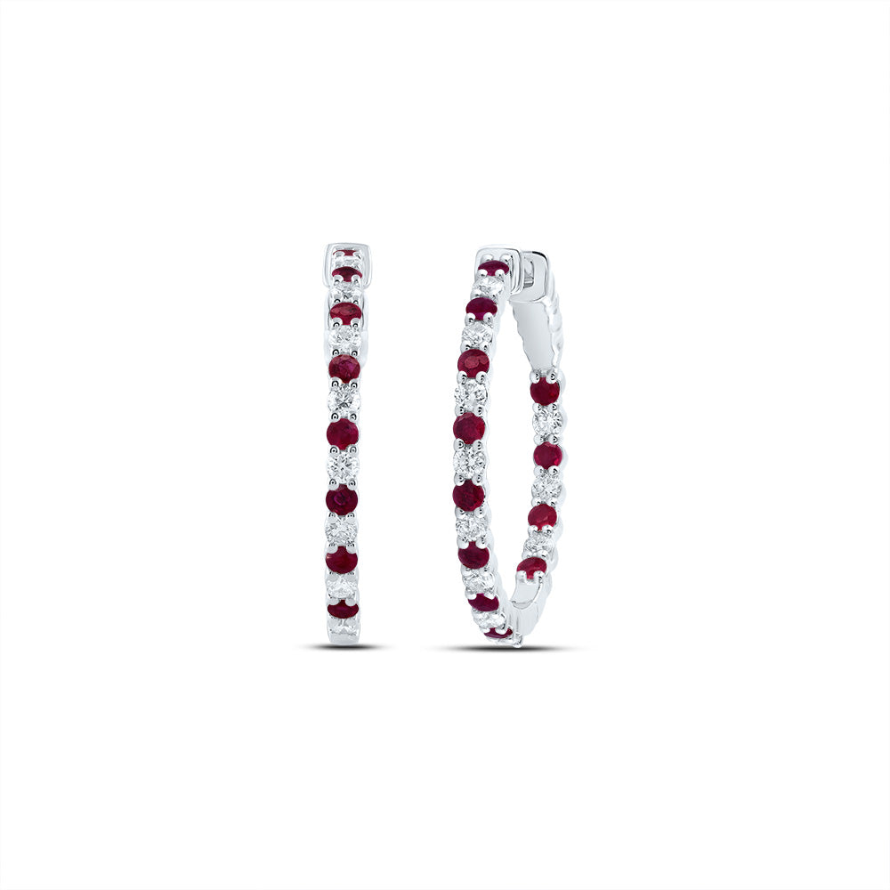 14kt White Gold 7/8 Cttw Natural Diamond and 1 1/3 Cttw Round Ruby Natural Gem Hoop Earring