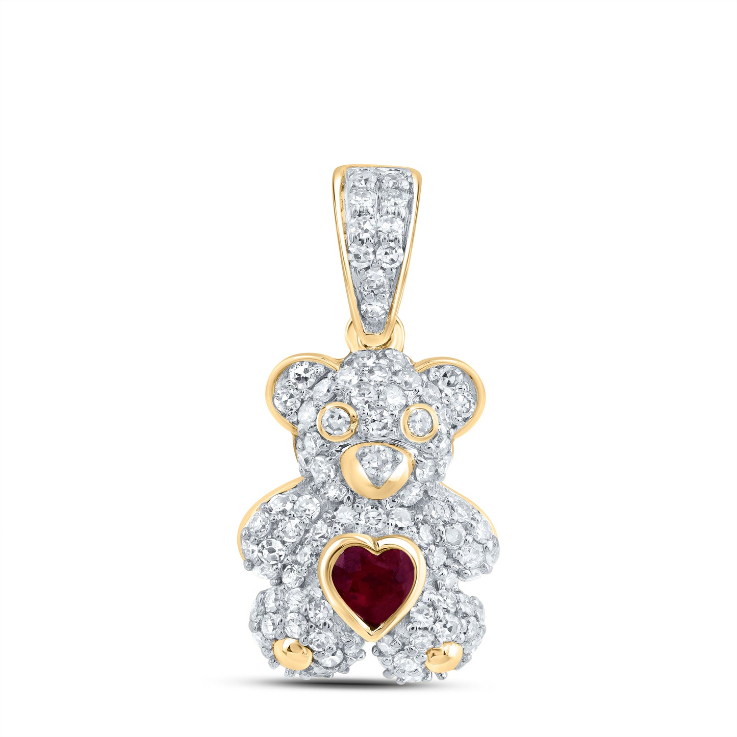 10kt Yellow Gold 1/3 Cttw Natural Diamond 3x3mm Hs Ruby Natural Gem Heart Teddy Bear Pendant