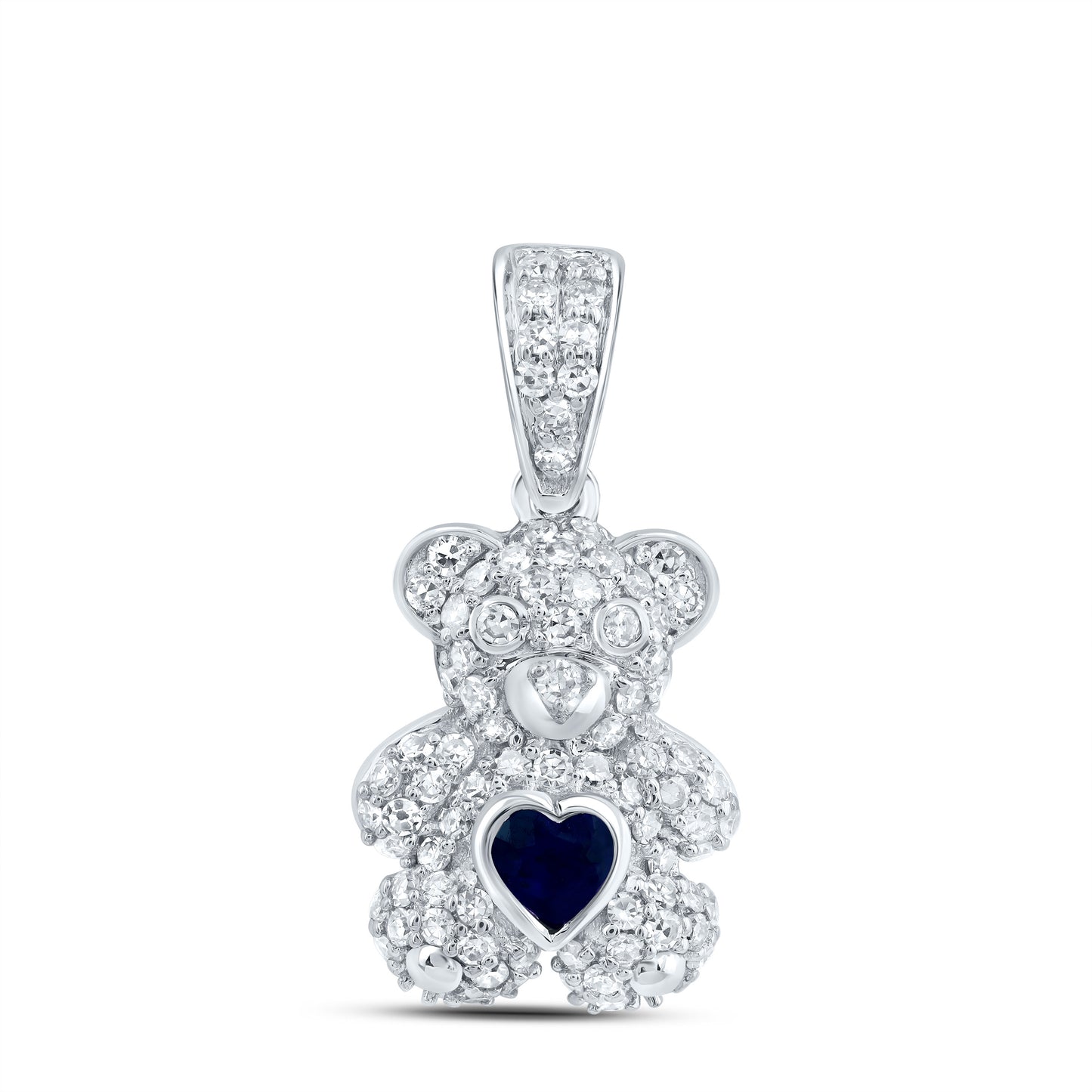10kt White Gold 1/3 Cttw Diamond 3x3mm Hs Blue Sapphire Natural Gem Heart Teddy Bear Pendant