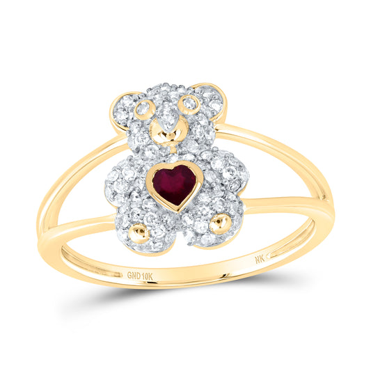 10kt Yellow Gold 1/3 Cttw Natural Diamond 3x3mm Hs Ruby Natural Gem Heart Teddy Bear Wedding Engagement Anniversary Ring, Women Size: 5-9