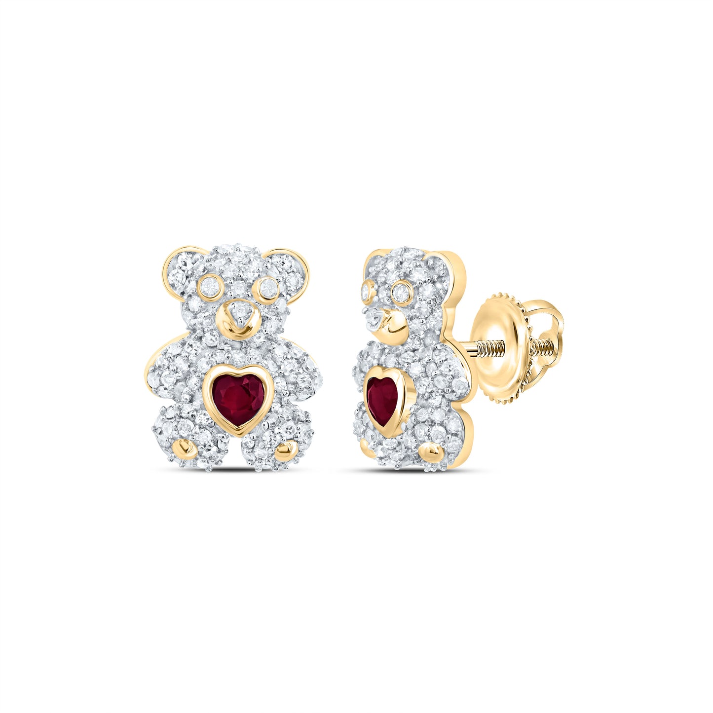 10kt Yellow Or White Gold Natural Diamond 3x3mm Hs Emerald Natural Gem Heart Teddy Bear Earring