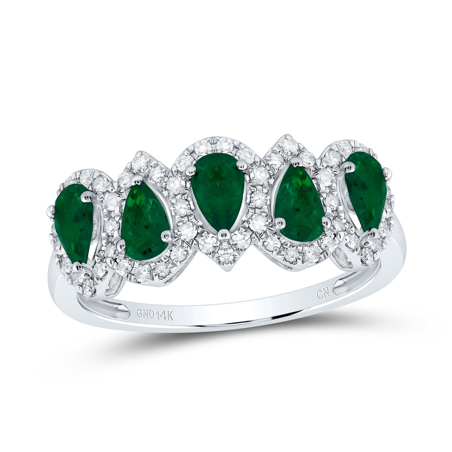 14K White Gold 1/4 Cttw Natural Diamond Cn 7/8Ct Pear Emerald Natural Gem Anniversary Band