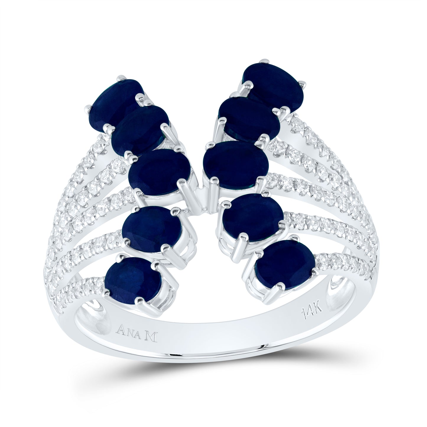 14kt White Gold 3/8 Cttw Natural Diamond Ana M 2 1/5 Cttw Oval Blue Sapphire Natural Wedding Engagement Anniversary Gem Ring, Women Size: 5-9
