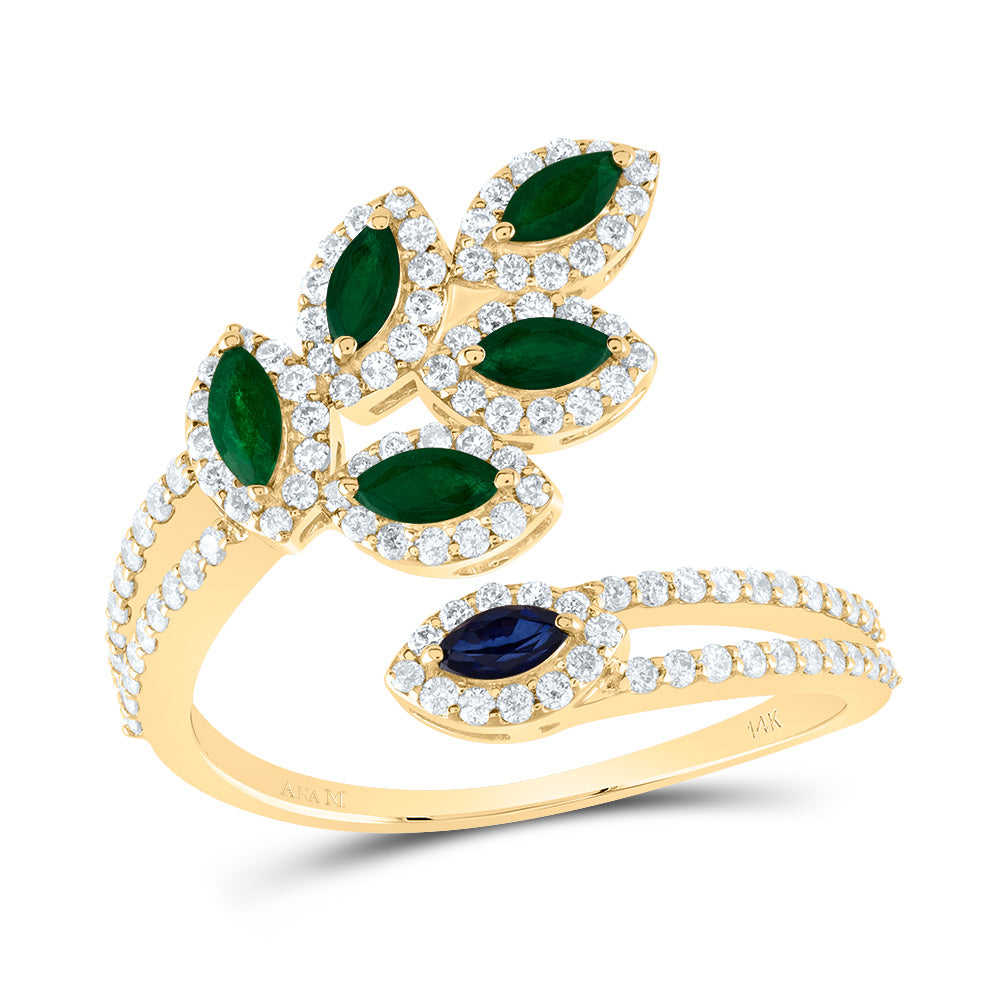 14kt Yellow Gold 1/2 Cttw Natural Diamond Ana M 3/8 Cttw Mq-em, 1/10 Cttw-mq Blue Sapphire Natural Wedding Engagement Anniversary Gem Ring, Women Size: 5-9