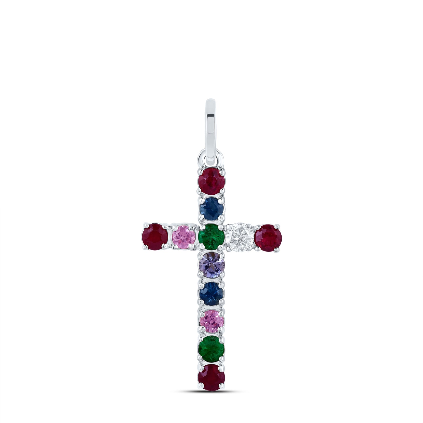 14kt White Gold 1/20 Cttw Natural Diamond 3/8 Cttw Round Natural Gem Multicolor Sapphire Cross Pendant