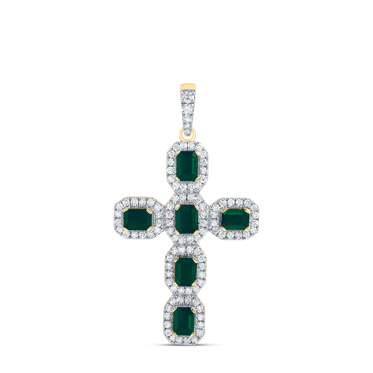 14kt Yellow Gold 1/2 Cttw Natural Diamond and 1 1/4 Cttw Emerald Shape Emerald Natural Gem Cross Pendant