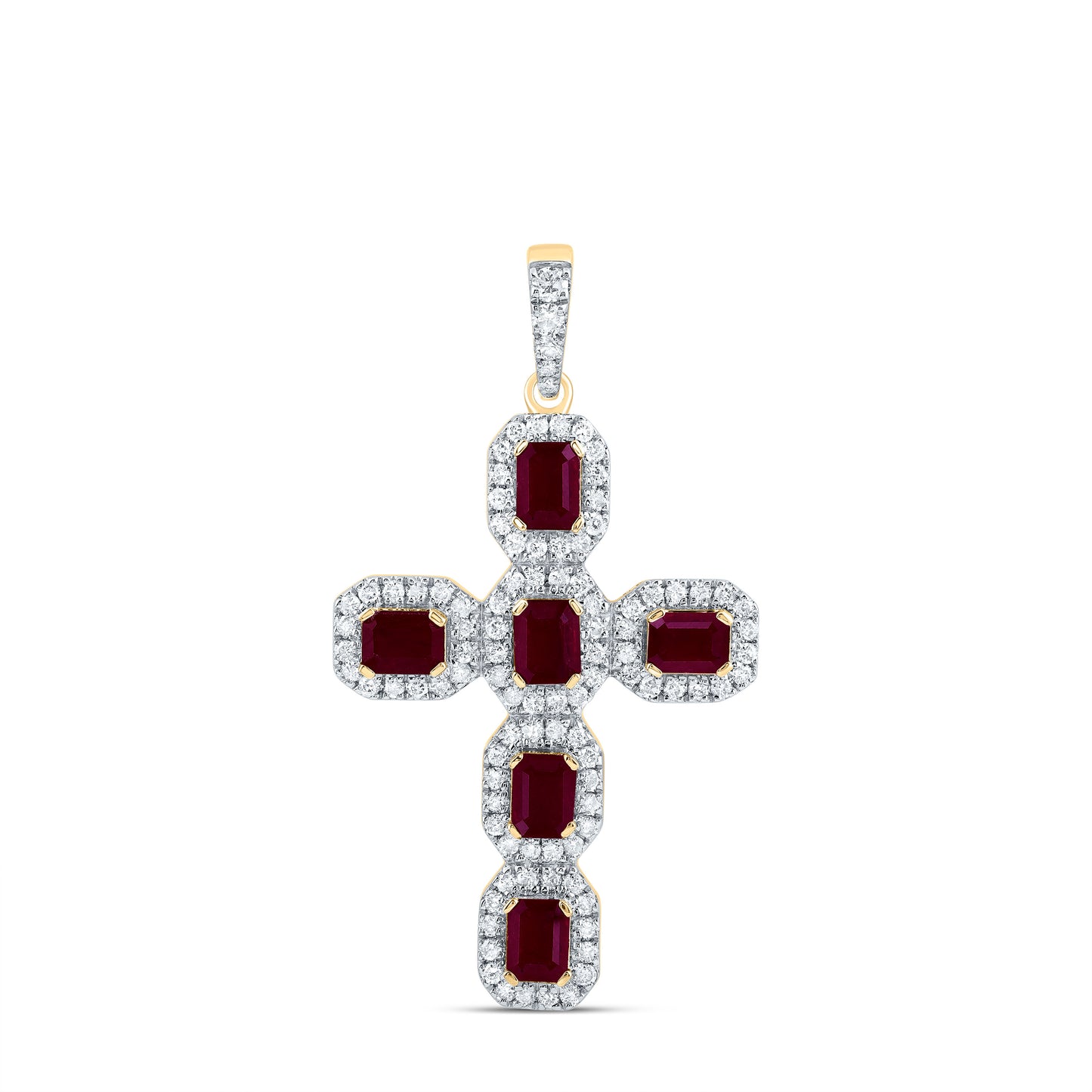 14kt Yellow Gold 1/2 Cttw Natural Diamond and 1 Cttw-em Ruby Natural Gem Cross Pendant