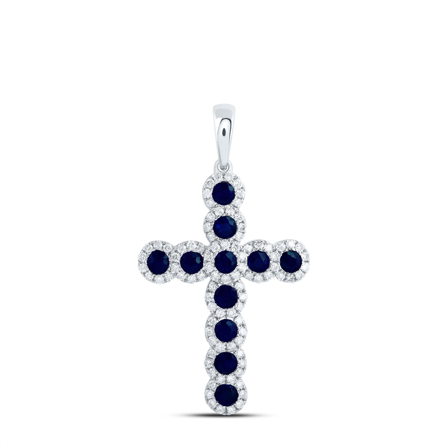 14kt White Gold 1/2 Cttw Natural Diamond and 1 Cttw Round Blue Sapphire Natural Gem Cross Pendant