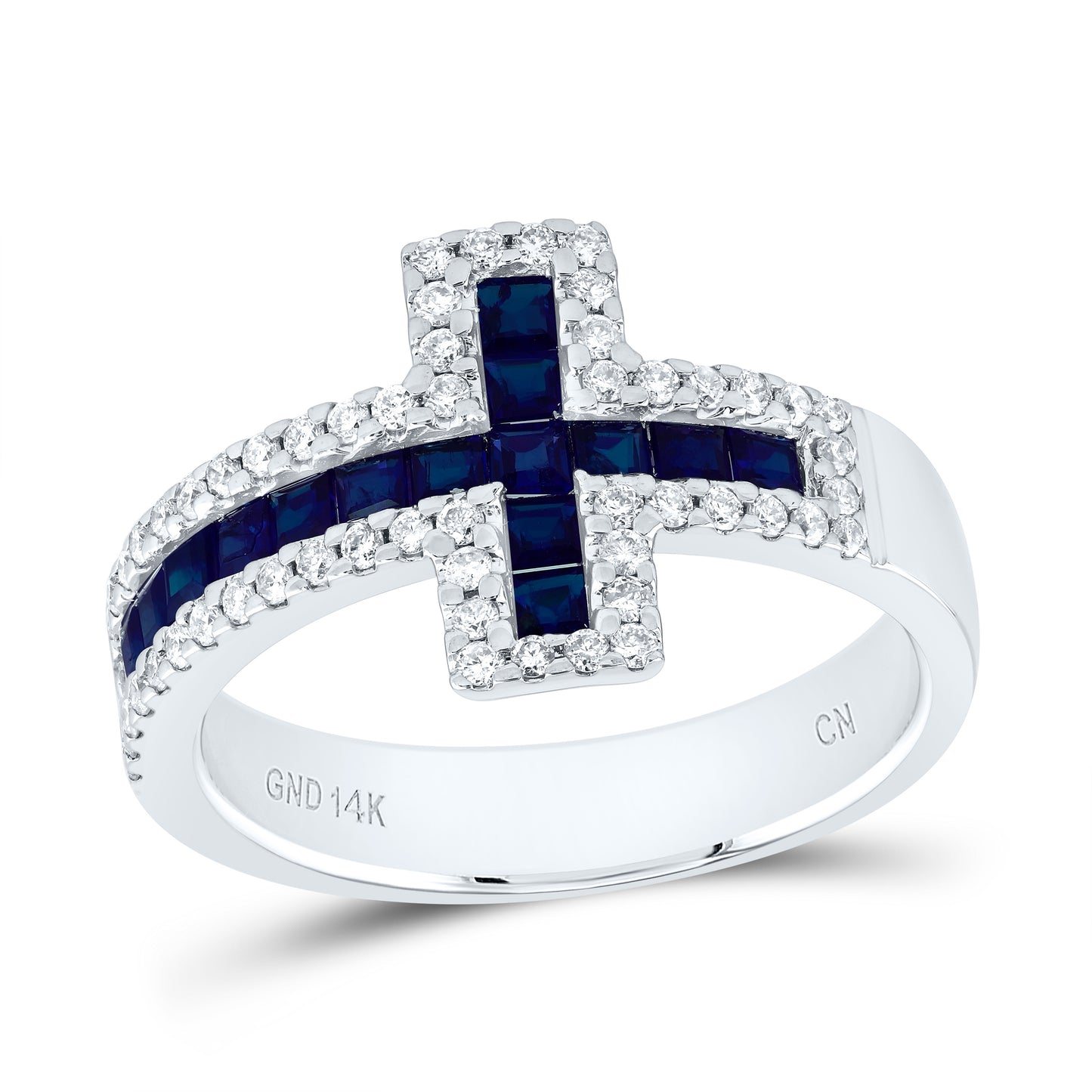 14kt White Gold 1/3 Cttw Natural Diamond 7/8 Cttw- Pr Blue Sapphire Natural Gem Wedding Engagement Anniversary Cross Ring, Women Size: 5-9