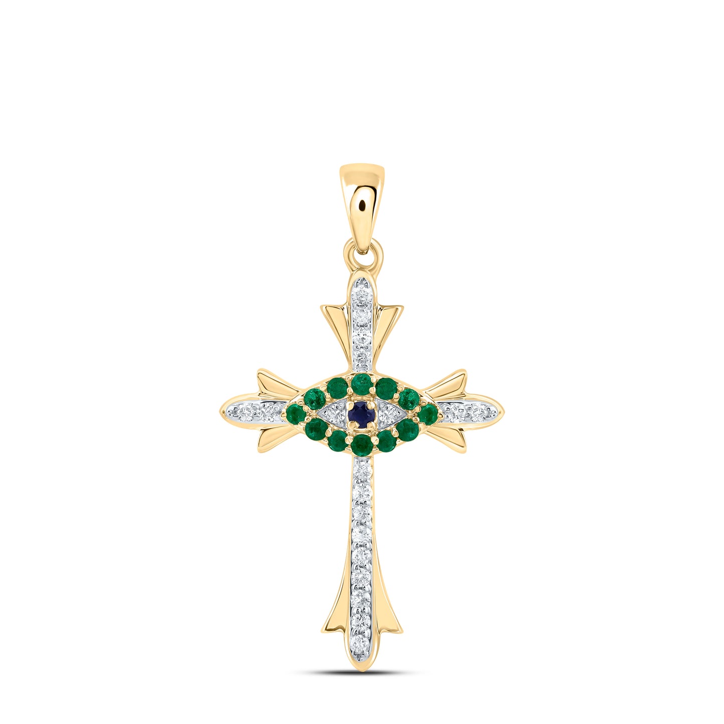 14kt Yellow Gold 1/10 Cttw Natural Diamond and 1/10 Cttw Round Blue Sapphire, 0.015 Cttw Round Emerald Natural Gem Cross Pendant
