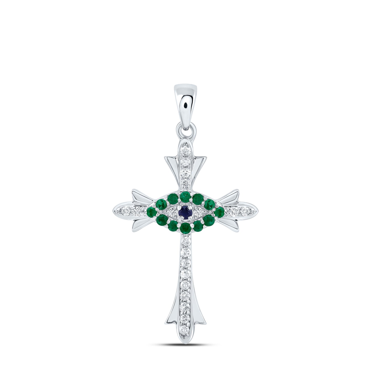 14kt White Gold 1/10 Cttw Natural Diamond and 1/10 Cttw Round Blue Sapphire, 0.015 Cttw Round Emerald Natural Gem Cross Pendant