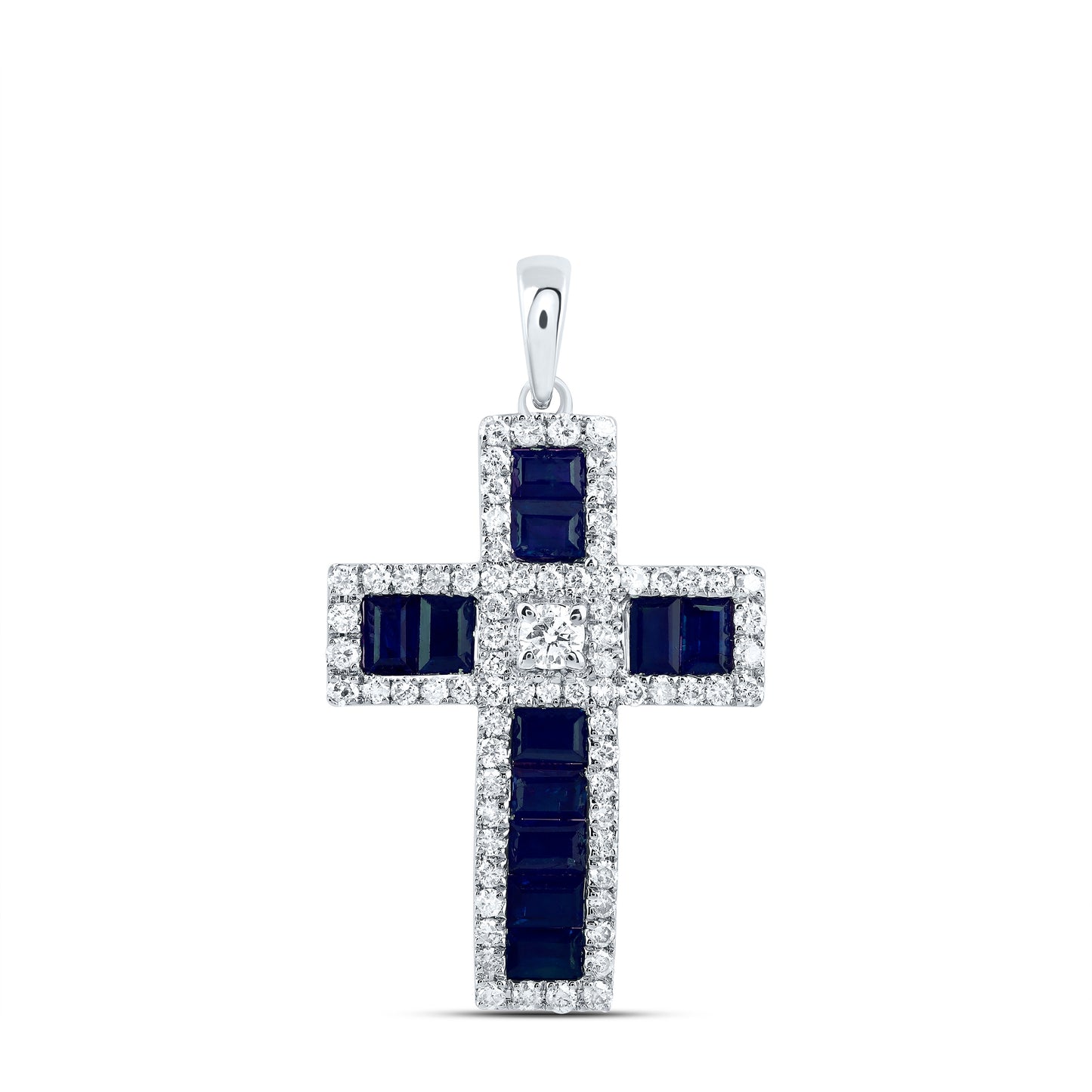 14kt White Gold 1/2 Cttw Natural Diamond and 1 Cttw-bag Blue Sapphire Natural Gem Cross Pendant