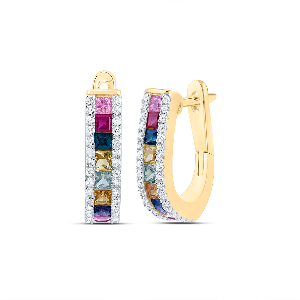 14kt Yellow Gold 1/4 Cttw Natural Diamond and 1 Cttw Pr Natural Gem Multicolor Sapphire Hoop Earring