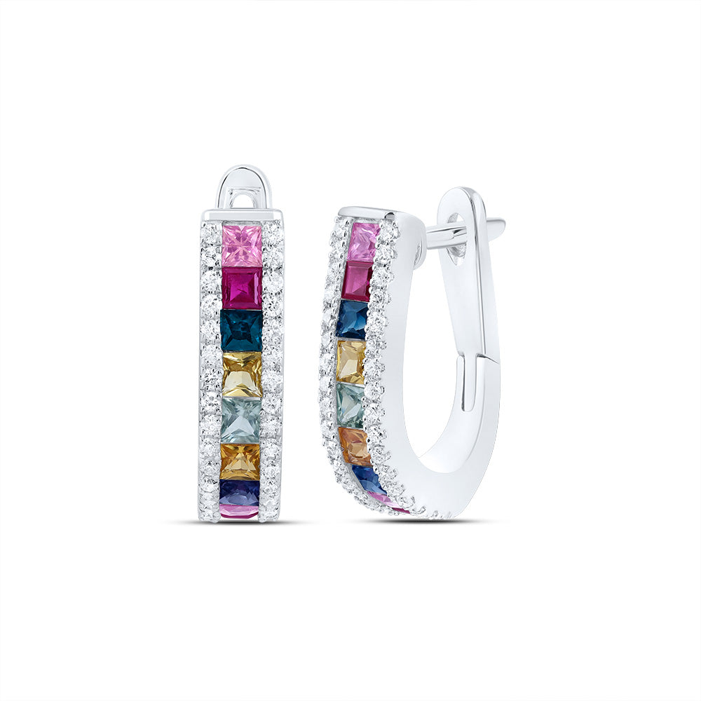 14kt White Gold 1/4 Cttw Natural Diamond and 1 Cttw Pr Natural Gem Multicolor Sapphire Hoop Earring