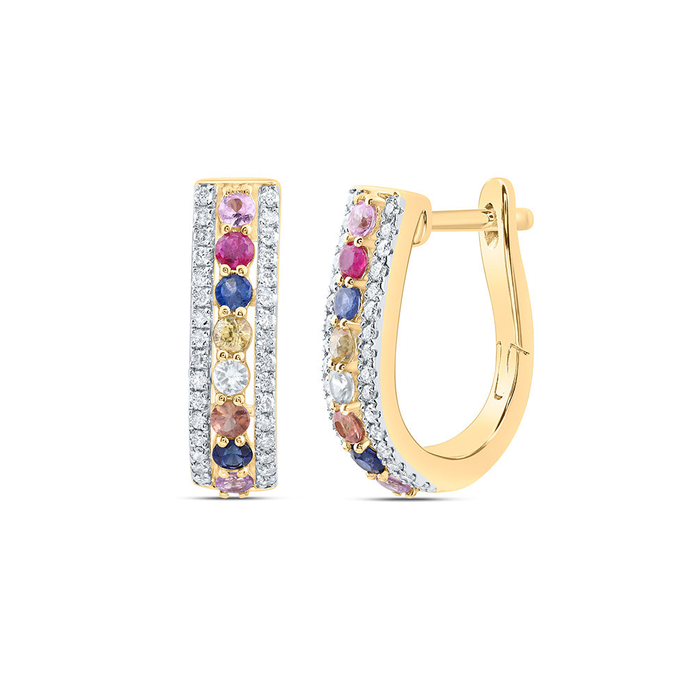 14kt Yellow Gold 1/4 Cttw Natural Diamond 5/8 Cttw Round Natural Gem Multicolor Sapphire Hoop Earring