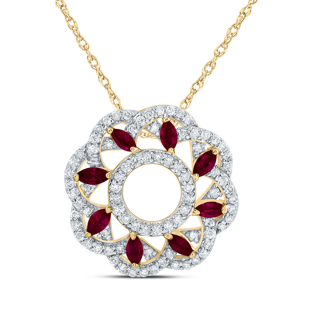 14kt Yellow Gold 1/3 Cttw Natural Diamond 3/8 Cttw Marquise Ruby Natural Gem Fashion Necklace, Length: 18 Inch
