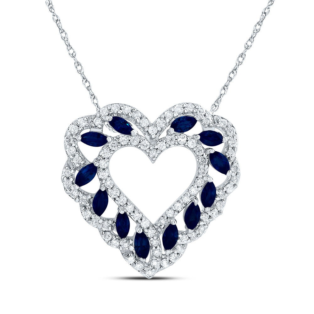 14K White Gold 1/3 Ctw Diamond 1/2 Ctw Marquise Blue Sapphire Natural Gem Fashion Heart Necklace (18 Inch)