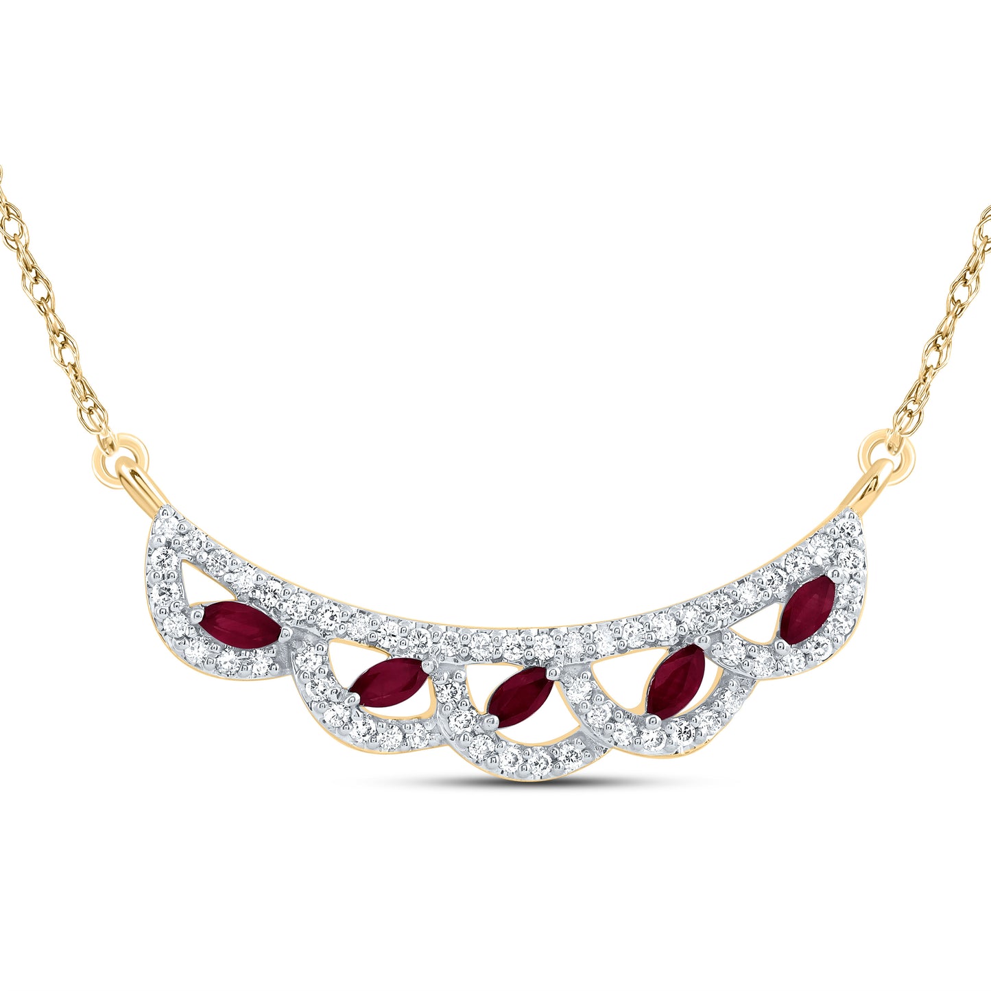 14kt Yellow Gold 1/4 Cttw Natural Diamond and 1/5 Cttw Marquise Ruby Natural Gem Fashion Necklace, Length: 18 Inch