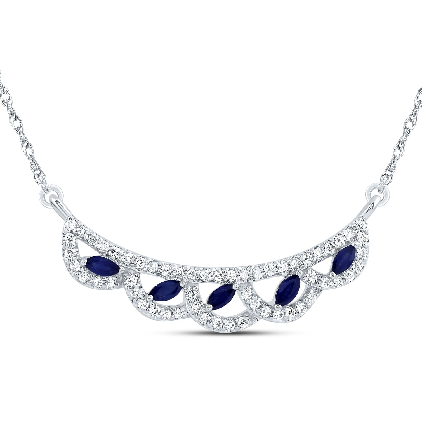 14K White Gold 1/4 Ctw Diamond 1/4 Ctw Marquise Blue Sapphire Natural Gem Fashion Necklace (18 Inch)