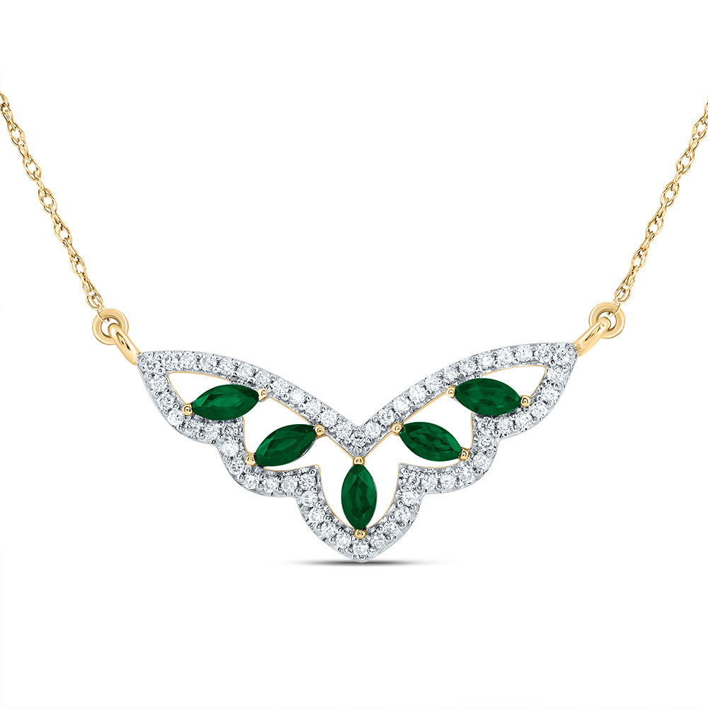 14kt Yellow Gold 1/4 Cttw Natural Diamond 3/8 Cttw Marquise Emerald Natural Gem Fashion Necklace, Length: 18 Inch