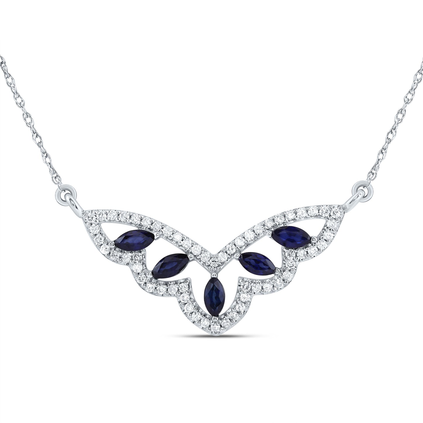 14kt White Gold 1/4 Cttw Natural Diamond and 1/2 Cttw Marquise Blue Sapphire Natural Gem Fashion Necklace, Length: 18 Inch