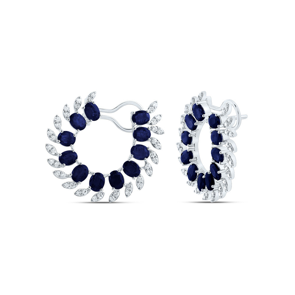 14K White Gold 1Ctw Natural Diamond Ana M 91/4Ct-Oval Blue Sapphire Natural Gem Fashion Earring
