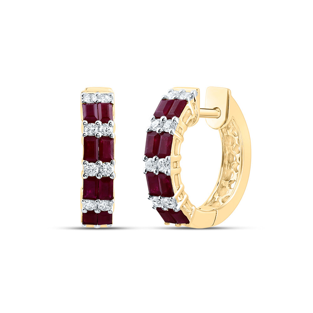 14kt Yellow Gold 1/4 Cttw Natural Diamond Ana M and 1 1/5 Cttw Baguette Ruby Natural Gem Hoop Earring