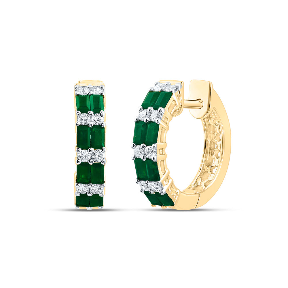 14kt Yellow Gold 1/4 Cttw Natural Diamond Ana M 7/8 Cttw Baguette Emerald Natural Gem Hoop Earring