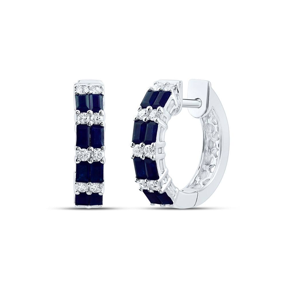 14kt White Gold 1/4 Cttw Natural Diamond Ana M and 1 Cttw Baguette Blue Sapphire Natural Gem Hoop Earring