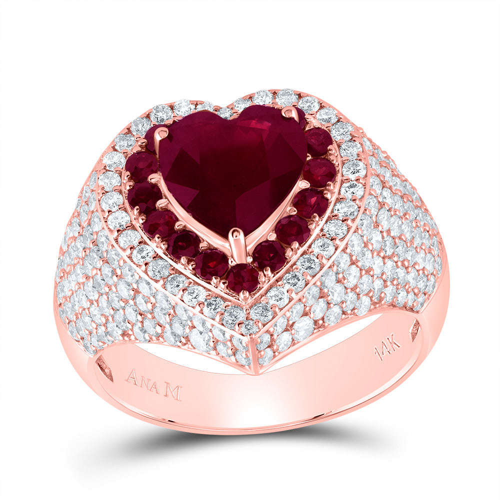 14kt Rose Gold 1 5/8 Cttw Natural Diamond Ana M and 1 7/8 Cttw Hs Ruby 5/8 Cttw Round Ruby Natural Gem Heart Wedding Engagement Anniversary Ring, Women Size: 5-9